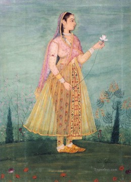  lotus Oil Painting - Lady Holding Lotus Small Indian